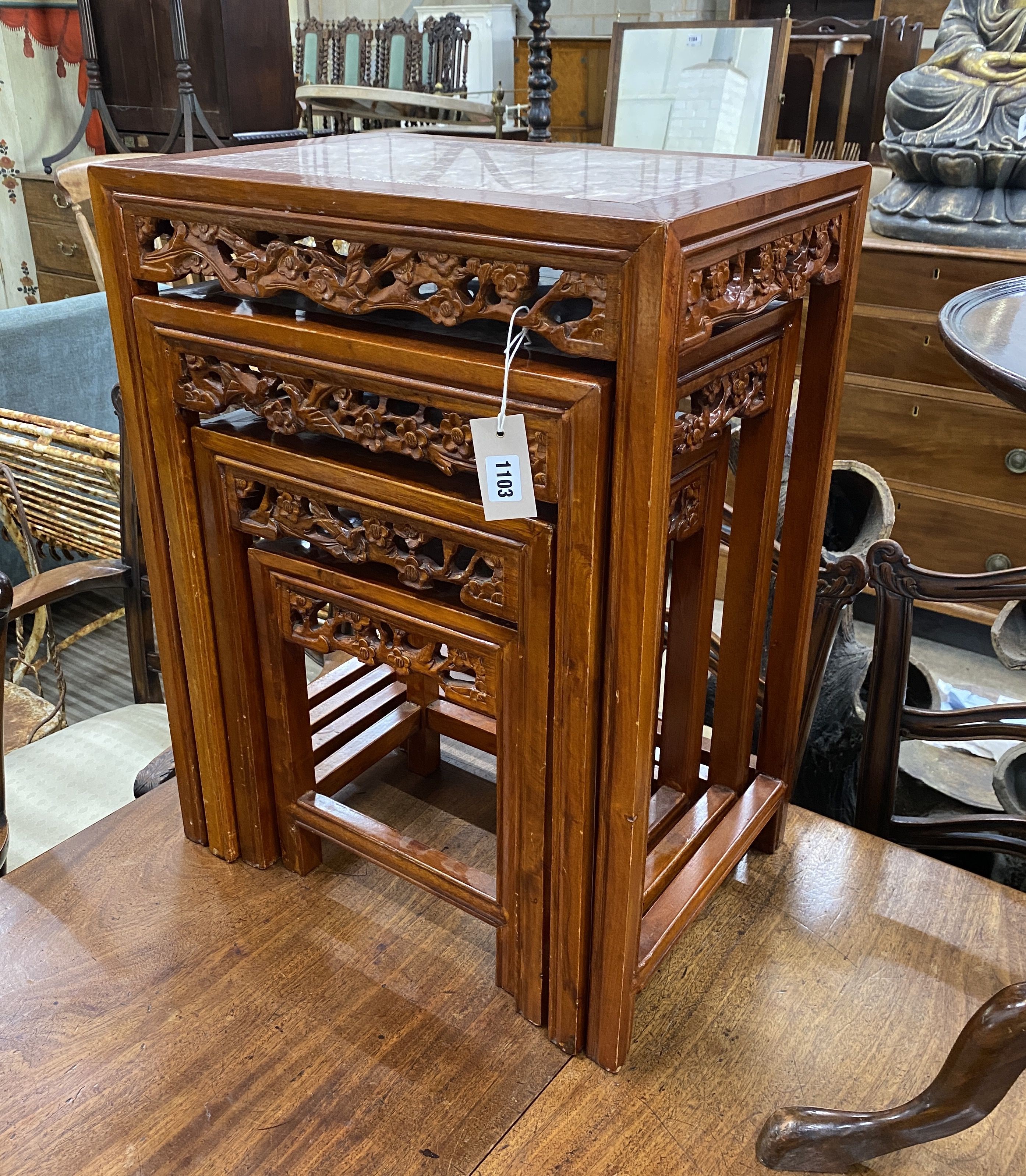 A quartetto of Chinese rectangular marble top hardwood tea tables, width 50cm, depth 35cm, height 65cm